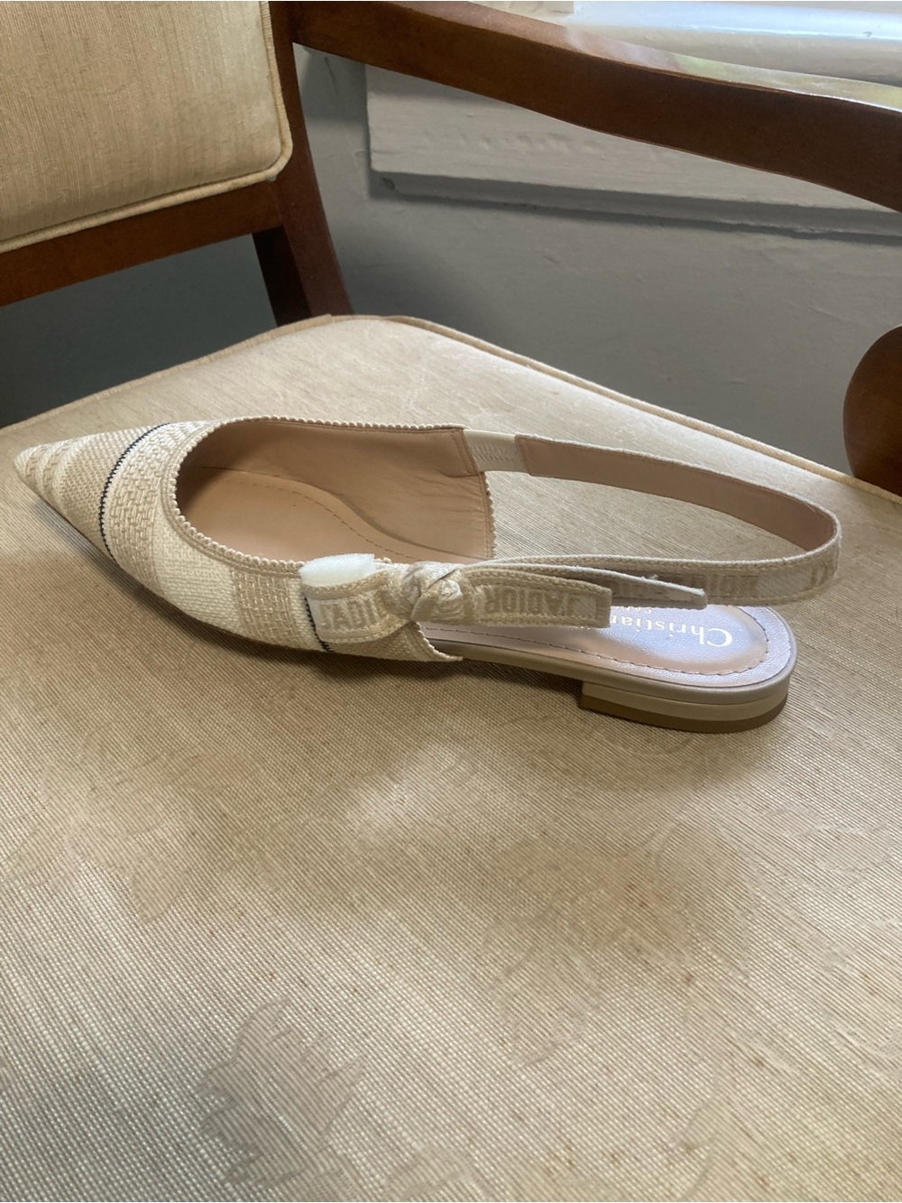 Dior Cream Woven Pointed Slingback Flat with Branded Bow